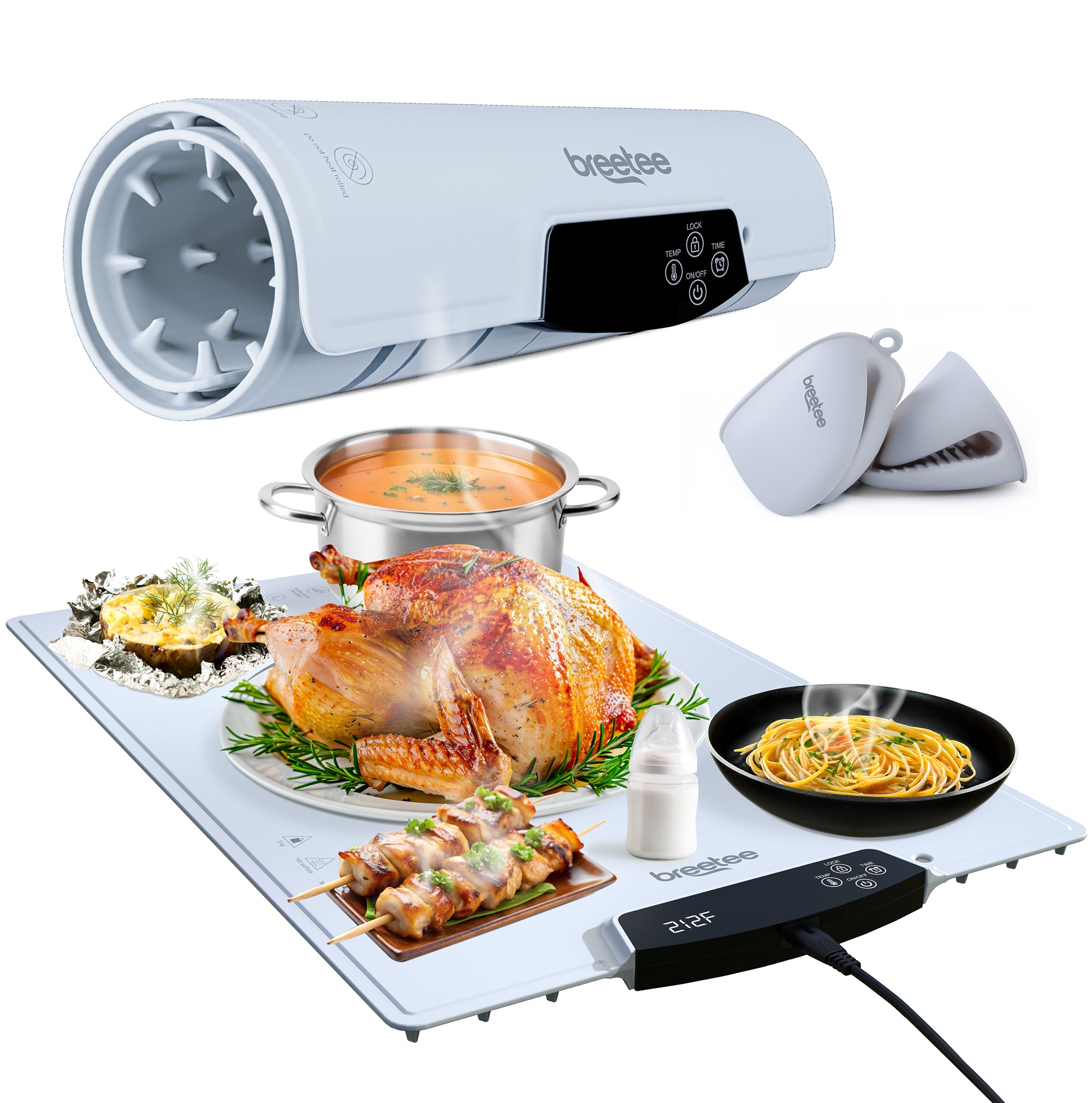 BREETEE WarmPad Pro - Electric Food Warming Mat  Keep Every Meal Warm  Silicone Heating Mat with 9 Temperature Settings from 104°F to 248°F - Roll Up Warming Mat for Dinner, Party, Events