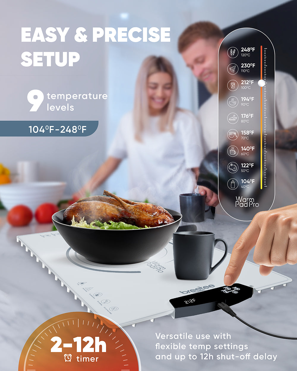 BREETEE WarmPad Pro - Electric Food Warming Mat  Keep Every Meal Warm  Silicone Heating Mat with 9 Temperature Settings from 104°F to 248°F - Roll Up Warming Mat for Dinner, Party, Events
