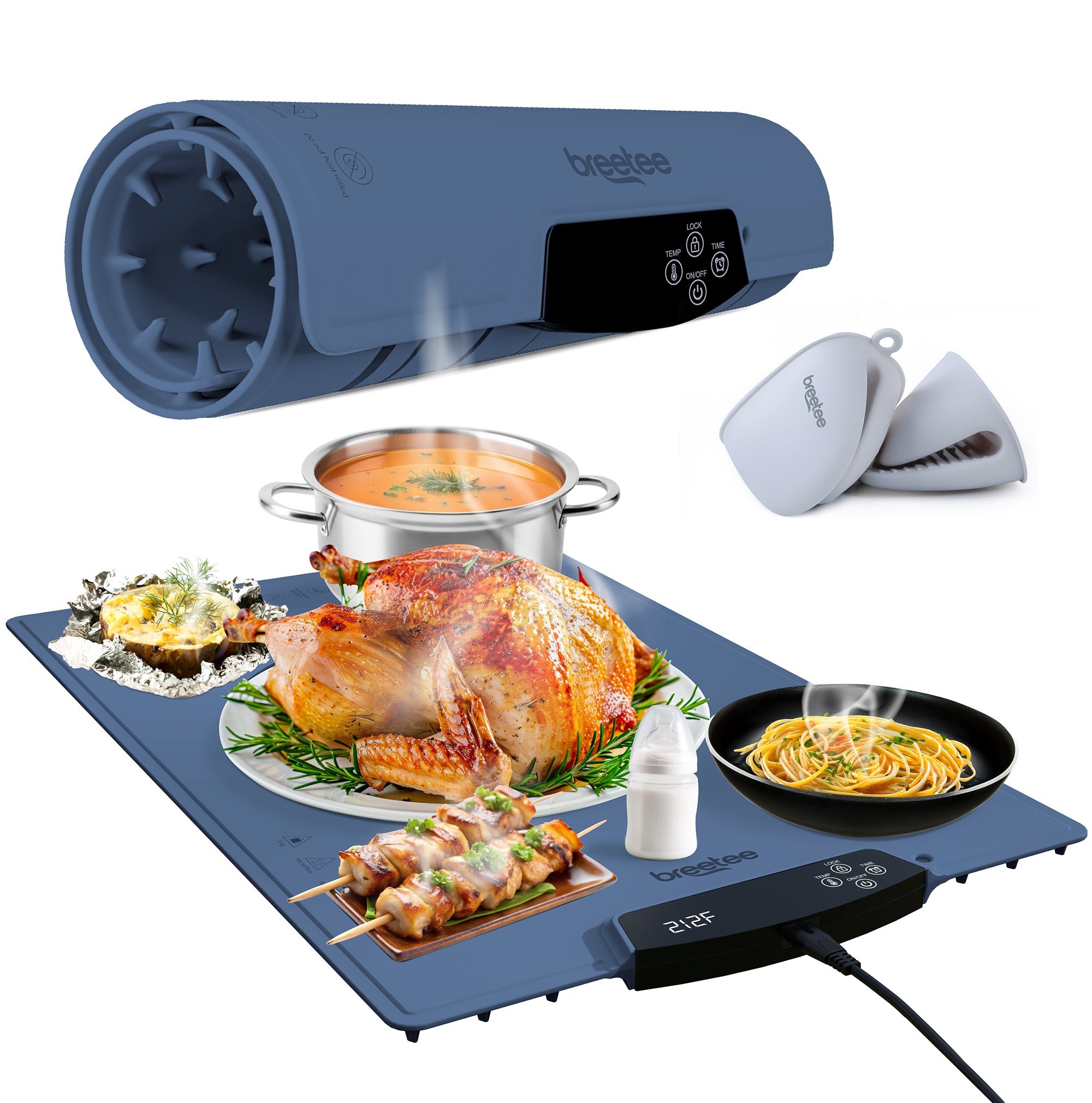 BREETEE WarmPad Pro - Electric Food Warming Mat  Keep Every Meal Warm  Silicone Heating Mat with 9 Temperature Settings from 104°F to 248°F - Roll Up Warming Mat for Dinner, Party, Events