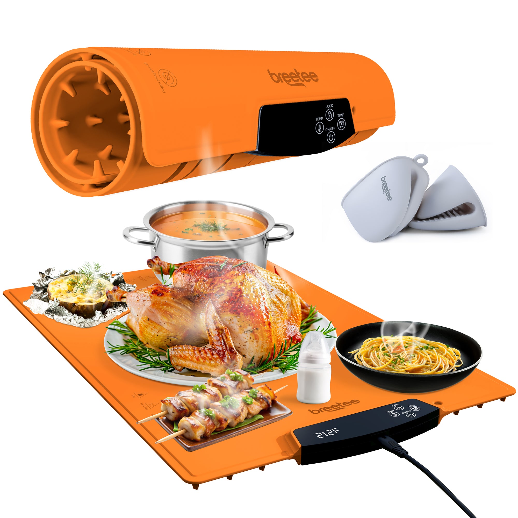 BREETEE WarmPad Pro - Electric Food Warming Mat  Keep Every Meal Warm  Silicone Heating Mat with 9 Temperature Settings from 104°F to 248°F - Roll Up Warming Mat for Dinner, Party, Events